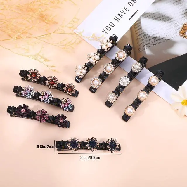 Alt view image 2 of 7 - 8 Pcs Sparkling Crystal Stone Braided Hair Clips for Women, Pearl Hairpin with 3 Small Duckbill Hair Clips, Hair Accessories for Thin & Thick Hair(Floral & Pearl Set)