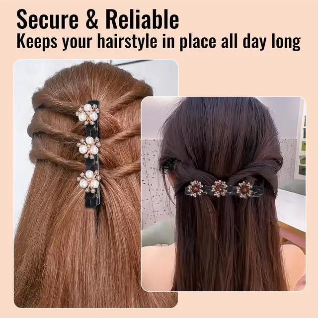 Alt view image 5 of 7 - 8 Pcs Sparkling Crystal Stone Braided Hair Clips for Women, Pearl Hairpin with 3 Small Duckbill Hair Clips, Hair Accessories for Thin & Thick Hair(Floral & Pearl Set)