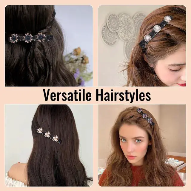 Alt view image 7 of 7 - 8 Pcs Sparkling Crystal Stone Braided Hair Clips for Women, Pearl Hairpin with 3 Small Duckbill Hair Clips, Hair Accessories for Thin & Thick Hair(Floral & Pearl Set)