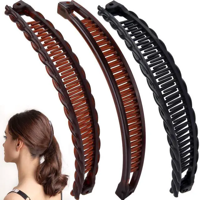 Main image of Banana Hair Clips for Women, Non-Slip Hair Claws with Double Combs, Vintage Hairpin Thick Long Curly Hair Styling Accessories for Daily, Party - Black, Brown (Smooth and Wavy Edge)