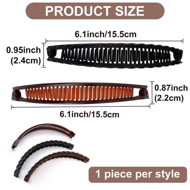 Alt view image 2 of 6 - Banana Hair Clips for Women, Non-Slip Hair Claws with Double Combs, Vintage Hairpin Thick Long Curly Hair Styling Accessories for Daily, Party - Black, Brown (Smooth and Wavy Edge)
