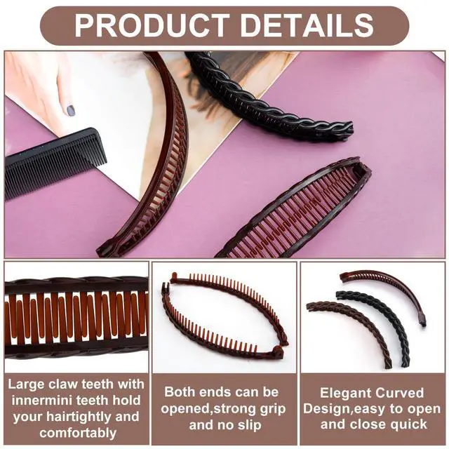 Alt view image 3 of 6 - Banana Hair Clips for Women, Non-Slip Hair Claws with Double Combs, Vintage Hairpin Thick Long Curly Hair Styling Accessories for Daily, Party - Black, Brown (Smooth and Wavy Edge)