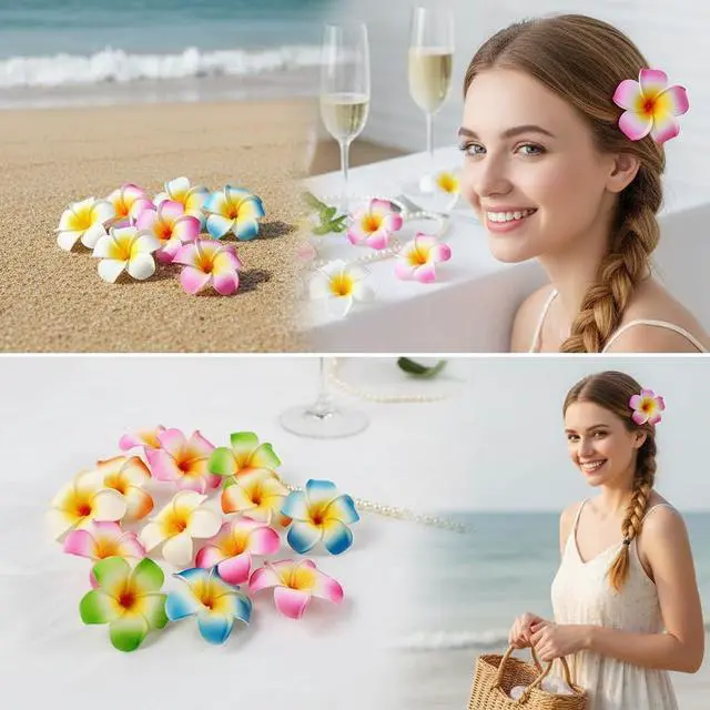 Alt view image 2 of 7 - 10 Pcs Multicolor Hawaii Plumeria Flower Clips Hawaiian Flower Hair Barrettes Beach Party Hair Clips Artificial Tropical Flower Hairpins for Wedding, Plumeria Hair Clip,Hair Accessories 7cm