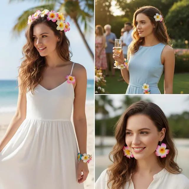 Alt view image 3 of 7 - 10 Pcs Multicolor Hawaii Plumeria Flower Clips Hawaiian Flower Hair Barrettes Beach Party Hair Clips Artificial Tropical Flower Hairpins for Wedding, Plumeria Hair Clip,Hair Accessories 7cm