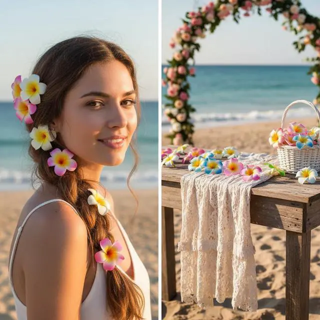 Alt view image 4 of 7 - 10 Pcs Multicolor Hawaii Plumeria Flower Clips Hawaiian Flower Hair Barrettes Beach Party Hair Clips Artificial Tropical Flower Hairpins for Wedding, Plumeria Hair Clip,Hair Accessories 7cm