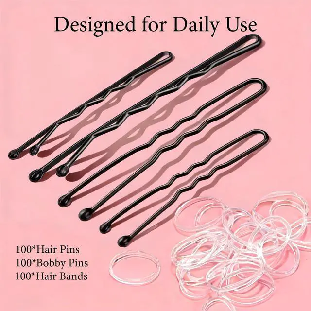 Alt view image 4 of 7 - 300PCS Bobby Pins Set, Black Bobby Pins, Hair Pins, U Pins for Buns, Hair Pin Kit with Clear Hair Bands & Storage Box for Women Hair Styling