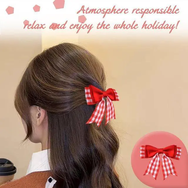 Alt view image 5 of 7 - Red Check Mini Bow Hairclip Small Bow Hair Clip Checkered Bows Hairpins for Daughter Granddaughter Ribbon Bowknot Barrette Christmas Xmas Theme Party Favors Buffalo Plaid Hair Accessories 2Pcs