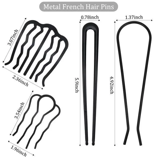 Alt view image 2 of 7 - French Hair Pin, 8 PCS Black Hair Pins for Women Metal Hair Side Combs, French Pins Hair, U Shaped Hair Pins for Buns Updos, French Pins Hair Stick Pin Hair Combs for Styling Hairpin Hair Accessories