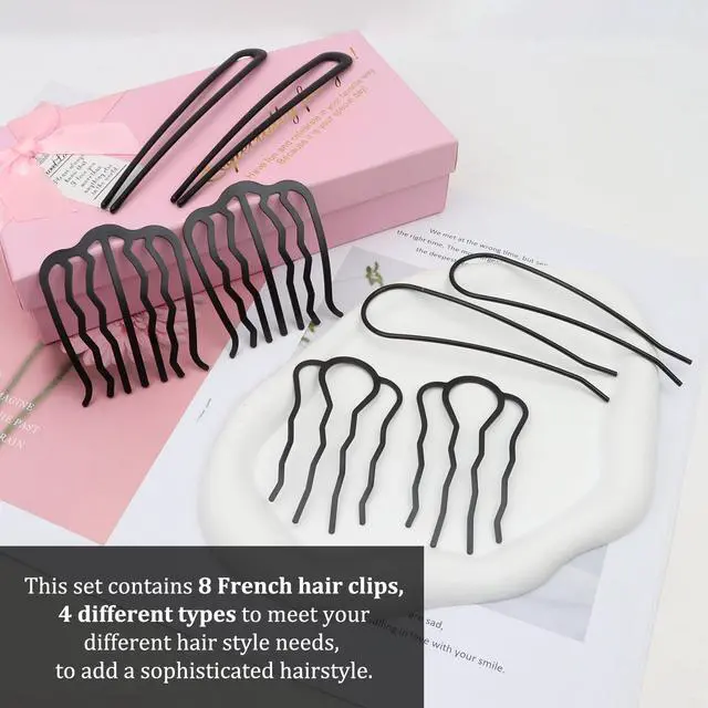 Alt view image 3 of 7 - French Hair Pin, 8 PCS Black Hair Pins for Women Metal Hair Side Combs, French Pins Hair, U Shaped Hair Pins for Buns Updos, French Pins Hair Stick Pin Hair Combs for Styling Hairpin Hair Accessories
