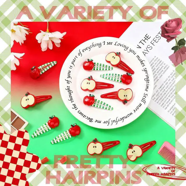 Alt view image 5 of 5 - 12 Pcs Cute Apple Hair Clips Red Apple Bow Slice Hair Barrettes Fruit Snap Clips Fruit Ribbon Bow Kawaii Cartoon Stylish Head Pins Accessories for Girl Women