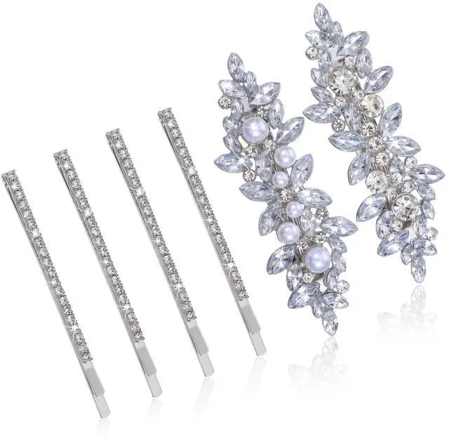 Main image of 6Pcs Rhinestone Hair Clips for Women 2 Styles Silver Hair Barrettes Sparkly Crystal Pearl Flower Wedding Hair Clips Elegant Hairpins for Women Wedding Party Ceremonies Proms Hair Accessories