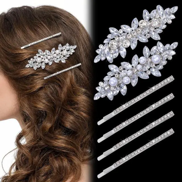 Alt view image 5 of 7 - 6Pcs Rhinestone Hair Clips for Women 2 Styles Silver Hair Barrettes Sparkly Crystal Pearl Flower Wedding Hair Clips Elegant Hairpins for Women Wedding Party Ceremonies Proms Hair Accessories