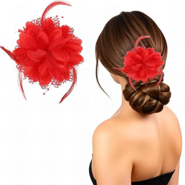 Main image of Rose Hair Clip, Flower Hair Clips for Women, Artificial Flower Brooch Hair Feathers Gothic Hair Accessories, Headwear for Halloween Christmas Valentines Easter Wedding Prom Party(Red)