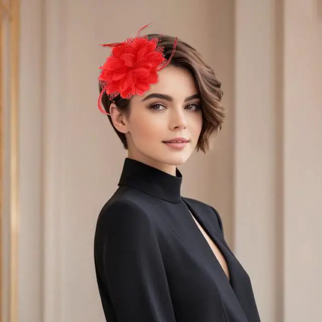 Alt view image 3 of 7 - Rose Hair Clip, Flower Hair Clips for Women, Artificial Flower Brooch Hair Feathers Gothic Hair Accessories, Headwear for Halloween Christmas Valentines Easter Wedding Prom Party(Red)