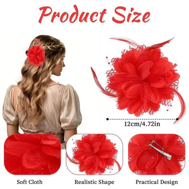 Alt view image 5 of 7 - Rose Hair Clip, Flower Hair Clips for Women, Artificial Flower Brooch Hair Feathers Gothic Hair Accessories, Headwear for Halloween Christmas Valentines Easter Wedding Prom Party(Red)