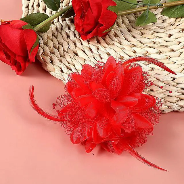 Alt view image 6 of 7 - Rose Hair Clip, Flower Hair Clips for Women, Artificial Flower Brooch Hair Feathers Gothic Hair Accessories, Headwear for Halloween Christmas Valentines Easter Wedding Prom Party(Red)