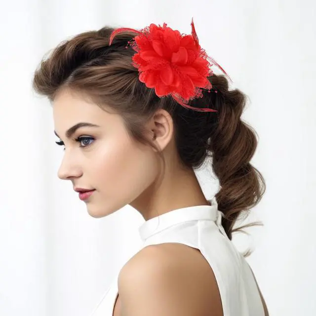 Alt view image 7 of 7 - Rose Hair Clip, Flower Hair Clips for Women, Artificial Flower Brooch Hair Feathers Gothic Hair Accessories, Headwear for Halloween Christmas Valentines Easter Wedding Prom Party(Red)