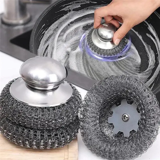 Main image of 4pcs Steel Wool Scrubber with Replacement Wire Sponge Pads Set, Stainless Steel Scrubber with Handle for Scouring Stubborn Messes from Cast Iron, Pots, Pans, Grill, Stoves, Sink(2 Scrubber+2 Pads)