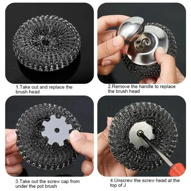 Alt view image 3 of 5 - 4pcs Steel Wool Scrubber with Replacement Wire Sponge Pads Set, Stainless Steel Scrubber with Handle for Scouring Stubborn Messes from Cast Iron, Pots, Pans, Grill, Stoves, Sink(2 Scrubber+2 Pads)