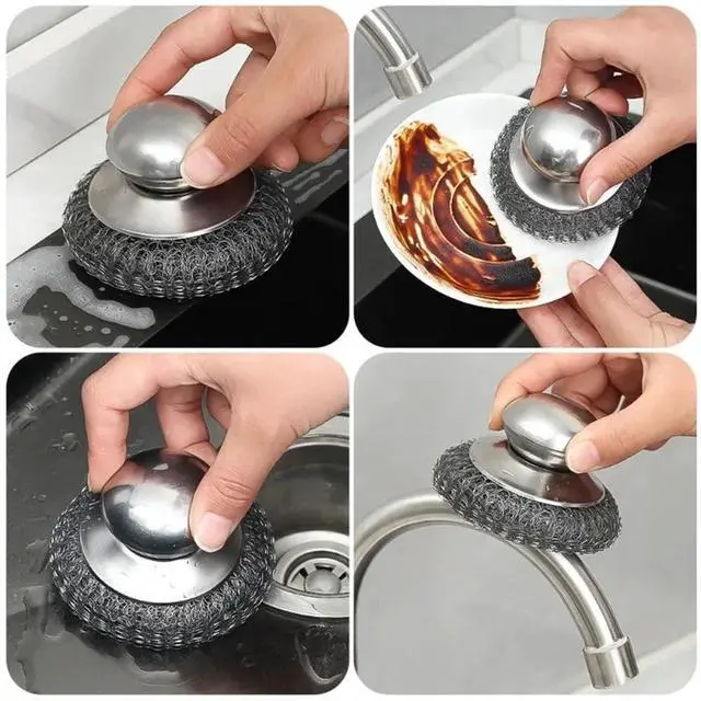 Alt view image 4 of 5 - 4pcs Steel Wool Scrubber with Replacement Wire Sponge Pads Set, Stainless Steel Scrubber with Handle for Scouring Stubborn Messes from Cast Iron, Pots, Pans, Grill, Stoves, Sink(2 Scrubber+2 Pads)