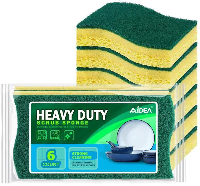 Main image of Heavy-Duty Scrub Sponges, 6Count, Sponges for Non-Coated Cookware, Kitchen Sponge for Dishes, Scrubbing Power for Tough Messes, Cleaning Sponge for Kitchen, Bathroom, Household