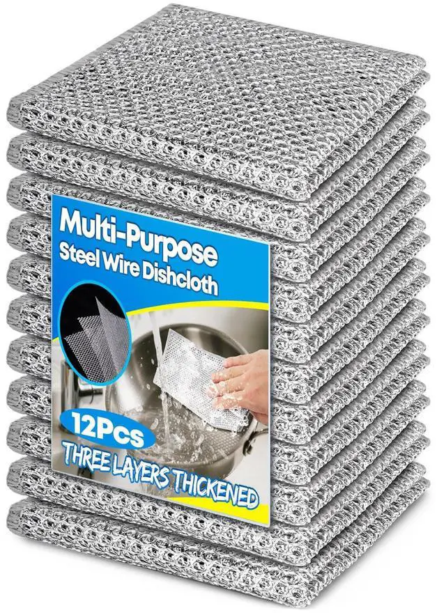 Main image of 12 Pcs Multipurpose Wire Dishwashing Rag, 7.87" x 7.87" Non Scratch Wire Dishcloth, 3-Layer Steel Wool Wire Dishwashing Cloth Reusable Wire Cleaning Cloth for Cookware, Sinks, Dishes, Stove Tops