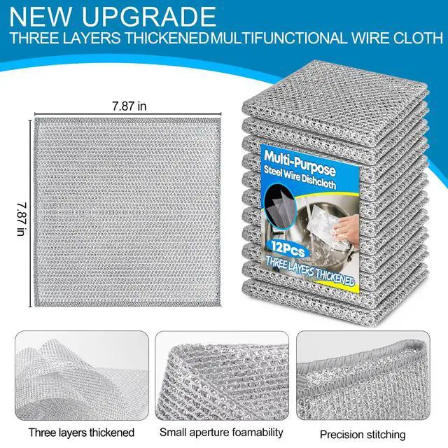 Alt view image 4 of 7 - 12 Pcs Multipurpose Wire Dishwashing Rag, 7.87" x 7.87" Non Scratch Wire Dishcloth, 3-Layer Steel Wool Wire Dishwashing Cloth Reusable Wire Cleaning Cloth for Cookware, Sinks, Dishes, Stove Tops