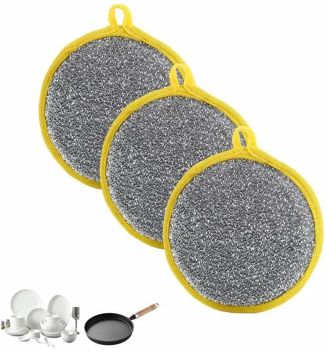 Main image of Double Sided Kitchen Sponges for Dishes, Round Scrubbing Pads with Steel Wire Nylon and High Elasticity Sponge, Non Scratch Cleaning Pads with Hanging Loop for Dishes, Pots, Sinks & Bathroom
