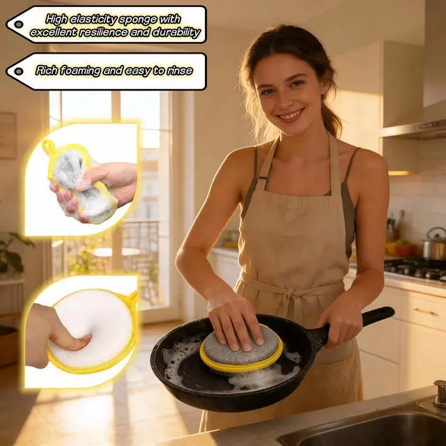 Alt view image 2 of 7 - Double Sided Kitchen Sponges for Dishes, Round Scrubbing Pads with Steel Wire Nylon and High Elasticity Sponge, Non Scratch Cleaning Pads with Hanging Loop for Dishes, Pots, Sinks & Bathroom
