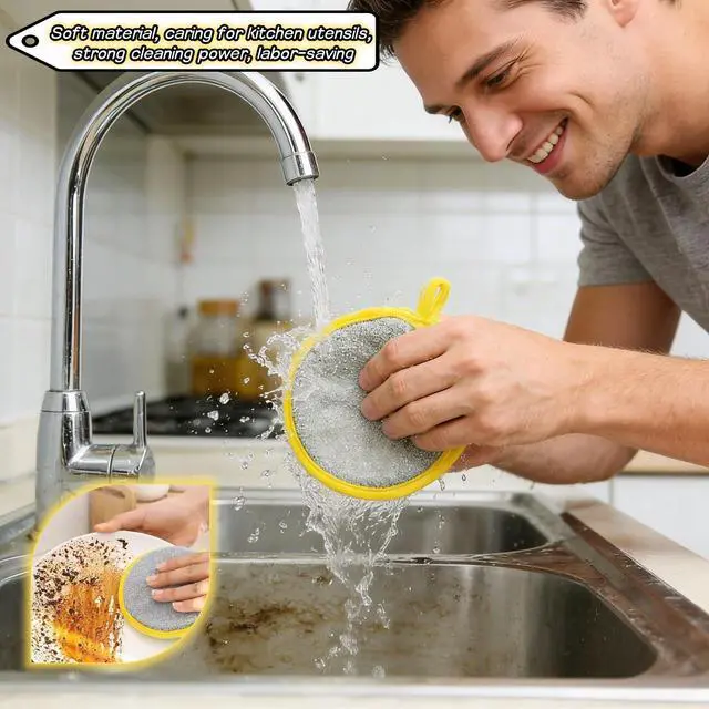 Alt view image 3 of 7 - Double Sided Kitchen Sponges for Dishes, Round Scrubbing Pads with Steel Wire Nylon and High Elasticity Sponge, Non Scratch Cleaning Pads with Hanging Loop for Dishes, Pots, Sinks & Bathroom