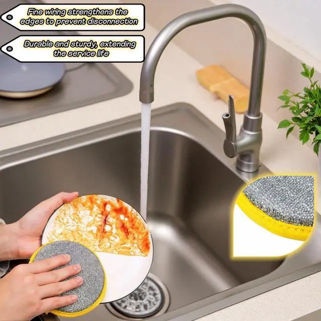 Alt view image 4 of 7 - Double Sided Kitchen Sponges for Dishes, Round Scrubbing Pads with Steel Wire Nylon and High Elasticity Sponge, Non Scratch Cleaning Pads with Hanging Loop for Dishes, Pots, Sinks & Bathroom
