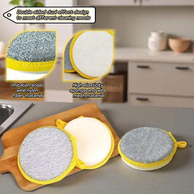 Alt view image 5 of 7 - Double Sided Kitchen Sponges for Dishes, Round Scrubbing Pads with Steel Wire Nylon and High Elasticity Sponge, Non Scratch Cleaning Pads with Hanging Loop for Dishes, Pots, Sinks & Bathroom
