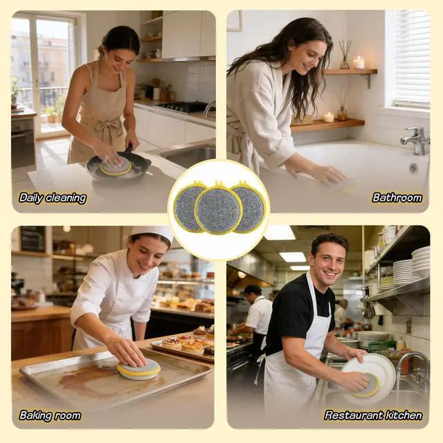 Alt view image 6 of 7 - Double Sided Kitchen Sponges for Dishes, Round Scrubbing Pads with Steel Wire Nylon and High Elasticity Sponge, Non Scratch Cleaning Pads with Hanging Loop for Dishes, Pots, Sinks & Bathroom