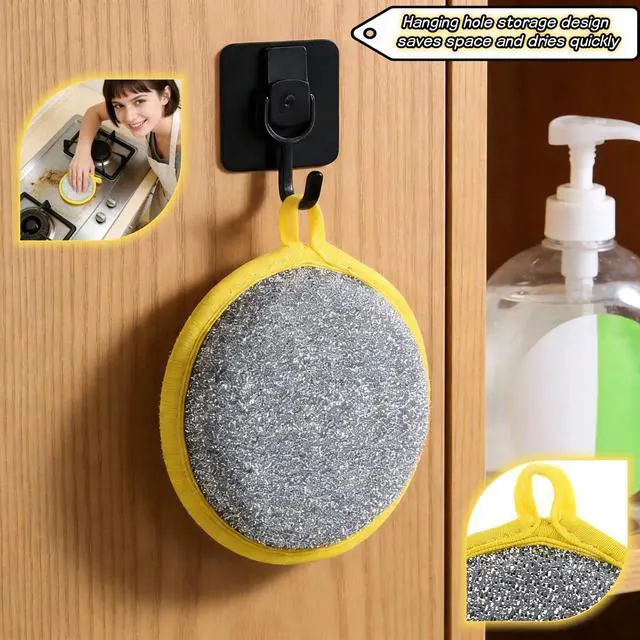 Alt view image 7 of 7 - Double Sided Kitchen Sponges for Dishes, Round Scrubbing Pads with Steel Wire Nylon and High Elasticity Sponge, Non Scratch Cleaning Pads with Hanging Loop for Dishes, Pots, Sinks & Bathroom