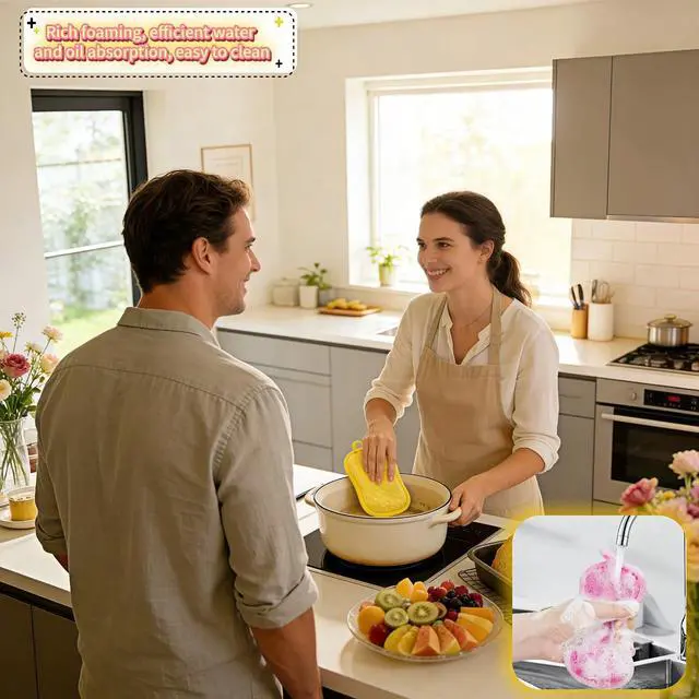Alt view image 2 of 7 - Dual-Sided Kitchen Scrubbing Sponges, Heavy Duty Non-Scratch Cleaning Sponges, Extra Thick Dual-Sided Sponge with Hooks Lint-Free & Durable for Pots, Pans, Glass, Stainless Steel & Grills