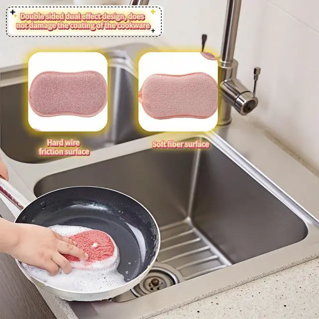 Alt view image 3 of 7 - Dual-Sided Kitchen Scrubbing Sponges, Heavy Duty Non-Scratch Cleaning Sponges, Extra Thick Dual-Sided Sponge with Hooks Lint-Free & Durable for Pots, Pans, Glass, Stainless Steel & Grills