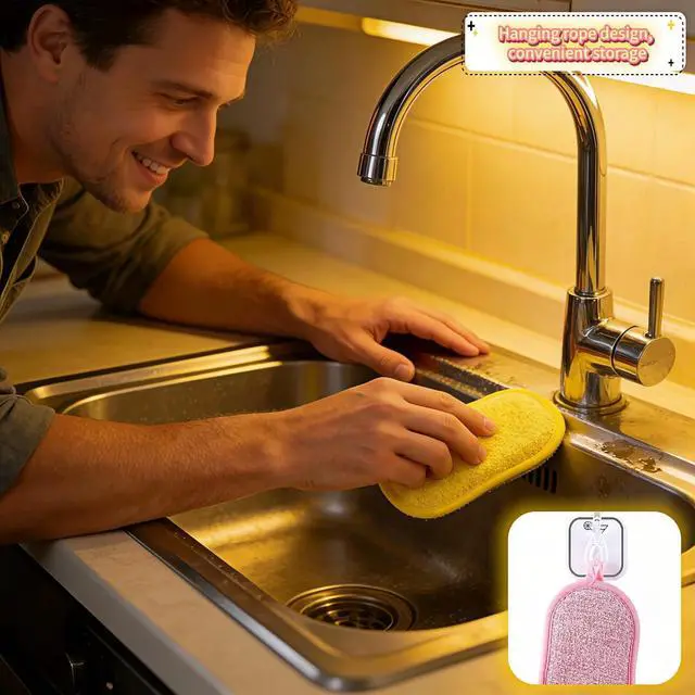 Alt view image 4 of 7 - Dual-Sided Kitchen Scrubbing Sponges, Heavy Duty Non-Scratch Cleaning Sponges, Extra Thick Dual-Sided Sponge with Hooks Lint-Free & Durable for Pots, Pans, Glass, Stainless Steel & Grills