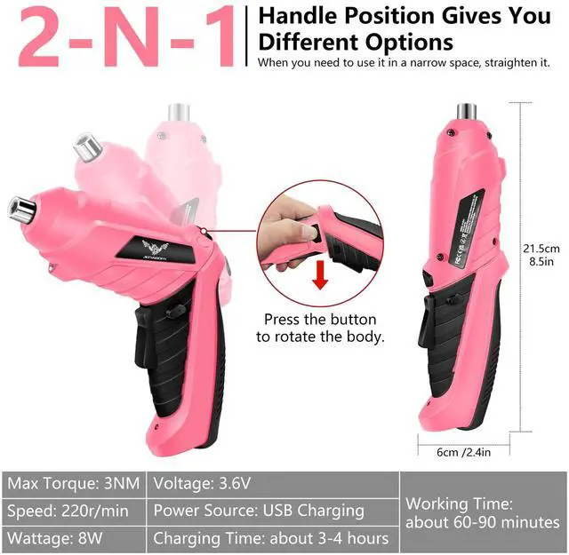 Alt view image 2 of 7 - Cordless Electric Screwdriver Set 3.6V Rechargeable Small Power Drill, 3Nm Screw Gun with 2 Position Handle, LED Light, 14 in 1 Driver Bit Set, Pink & Black