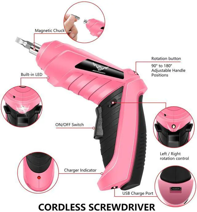 Alt view image 3 of 7 - Cordless Electric Screwdriver Set 3.6V Rechargeable Small Power Drill, 3Nm Screw Gun with 2 Position Handle, LED Light, 14 in 1 Driver Bit Set, Pink & Black