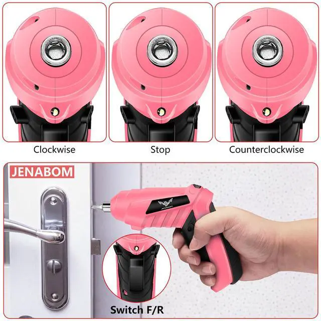 Alt view image 4 of 7 - Cordless Electric Screwdriver Set 3.6V Rechargeable Small Power Drill, 3Nm Screw Gun with 2 Position Handle, LED Light, 14 in 1 Driver Bit Set, Pink & Black