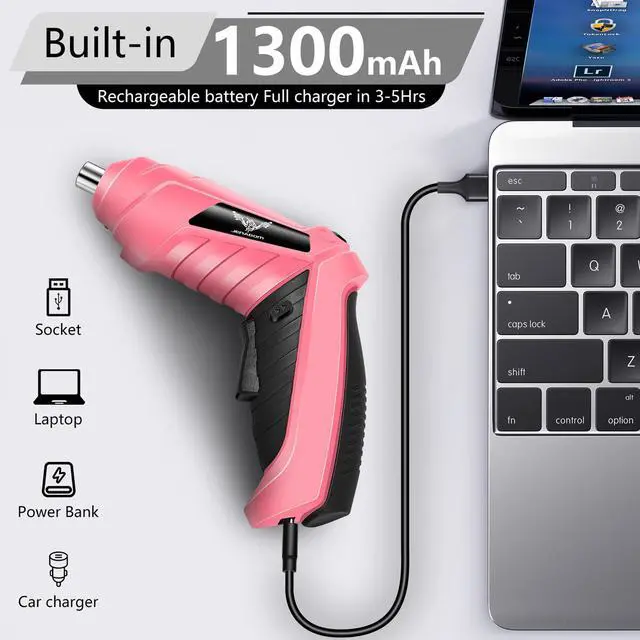 Alt view image 5 of 7 - Cordless Electric Screwdriver Set 3.6V Rechargeable Small Power Drill, 3Nm Screw Gun with 2 Position Handle, LED Light, 14 in 1 Driver Bit Set, Pink & Black