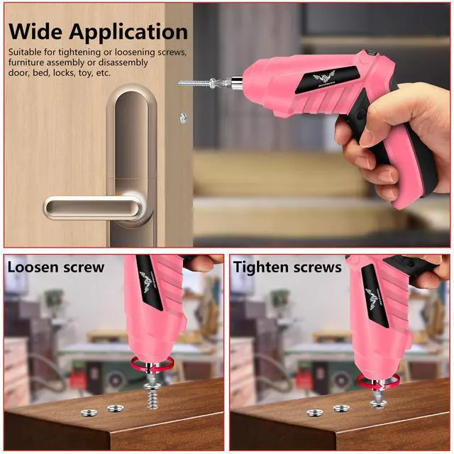 Alt view image 7 of 7 - Cordless Electric Screwdriver Set 3.6V Rechargeable Small Power Drill, 3Nm Screw Gun with 2 Position Handle, LED Light, 14 in 1 Driver Bit Set, Pink & Black