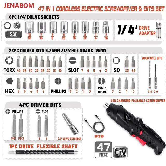Alt view image 4 of 6 - Electric Screwdriver, 3.6V Cordless, 44pcs Screwdriver Bit Set, Front LED Light, Flexible Shaft, Micro USB, Carrying Case, Ideal for Home Improvement & Furniture Assembly
