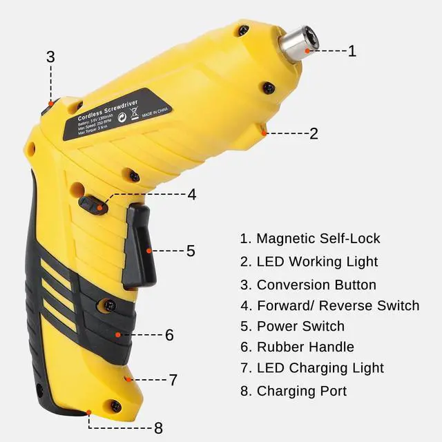 Alt view image 2 of 7 - Cordless Electric Screwdriver with Rechargeable 3.6v Lithium Battery and 1/4 Hex Chuck, Includes 45pcs Bits, 1 Extension Rod and 1 USB Cable