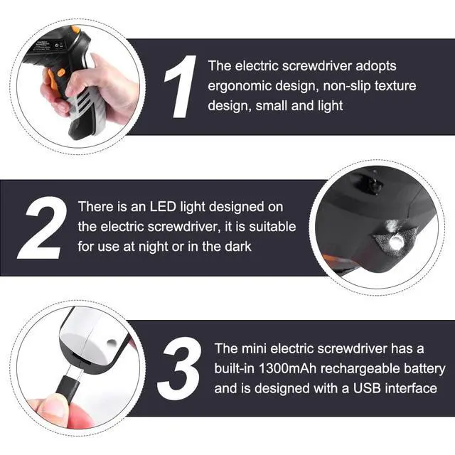 Alt view image 4 of 7 - Cordless Electric Screwdriver Set, 3.6V 1300mAh Mini Power Screwdriver, USB Rechargeable Built-in LED Light & Flexible Shaft, 17pcs Hand Tool Kit for Small Repairs & DIY(black)