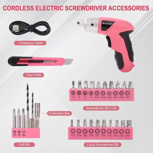 Alt view image 6 of 7 - Electric Screwdriver 28pc 3.6V Pink USB Small Power Screwdriver Set. Cordless & Rechargeable with Driver Bit Set