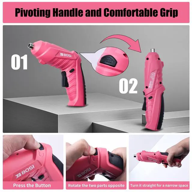 Alt view image 3 of 7 - 3.7V Cordless Power Electric Screwdriver Rechargeable Set, Battery Powered Screwdriver Kit Including 33PCS Bits, Pivoting Handle & Built-in LED Lights, Small Drills Cordless (Pink)