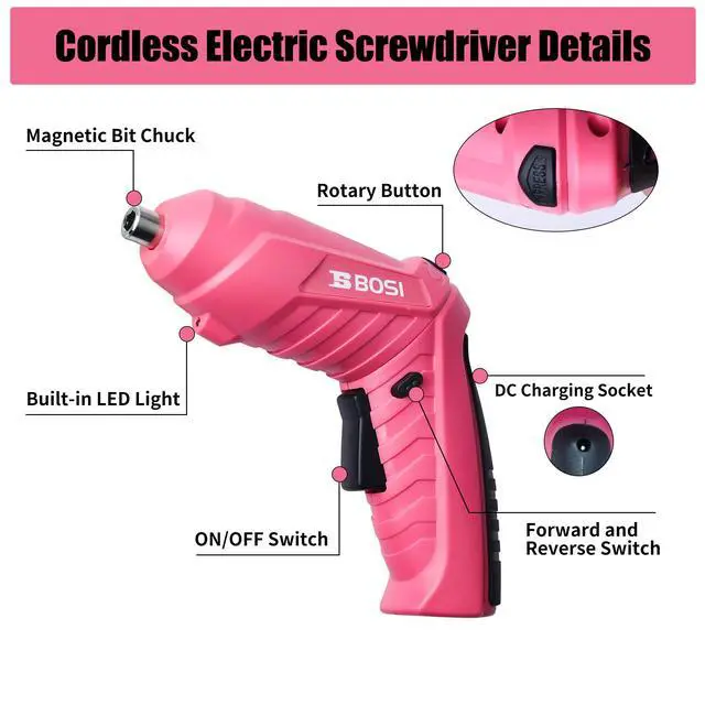 Alt view image 5 of 7 - 3.7V Cordless Power Electric Screwdriver Rechargeable Set, Battery Powered Screwdriver Kit Including 33PCS Bits, Pivoting Handle & Built-in LED Lights, Small Drills Cordless (Pink)