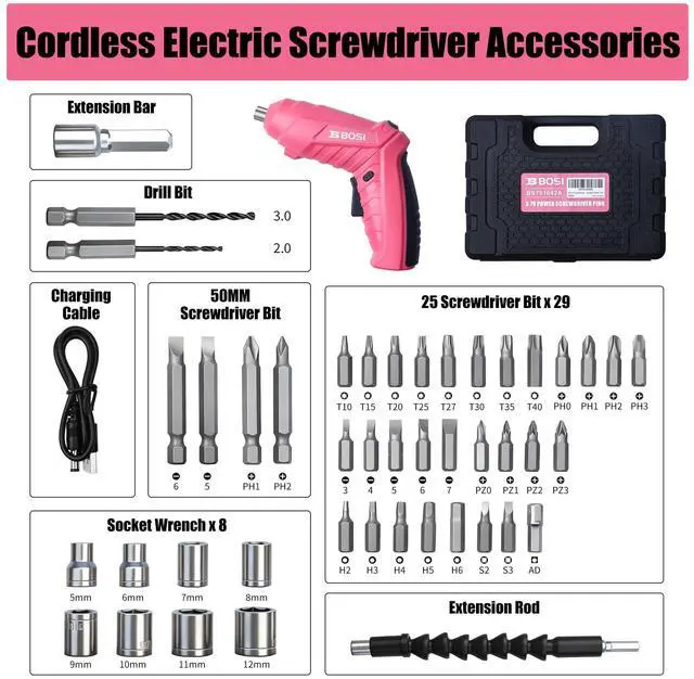 Alt view image 6 of 7 - 3.7V Cordless Power Electric Screwdriver Rechargeable Set, Battery Powered Screwdriver Kit Including 33PCS Bits, Pivoting Handle & Built-in LED Lights, Small Drills Cordless (Pink)