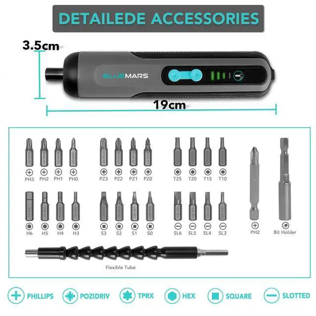 Alt view image 3 of 7 - Electric Rechargeable Screwdriver Set 3.6V 2AH Cordless Mini Small Battery Power Screwdriver with 27-Piece Bit, Dual Led Working Light,Storage Box, Type C Cable,Adjustable Torque (Max 5N.M)